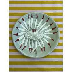 Tallerken/platte - Hvid blomst m rde tips