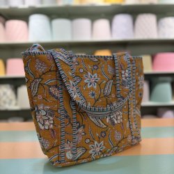 Quilt taske, stor blomst, gul/petrol