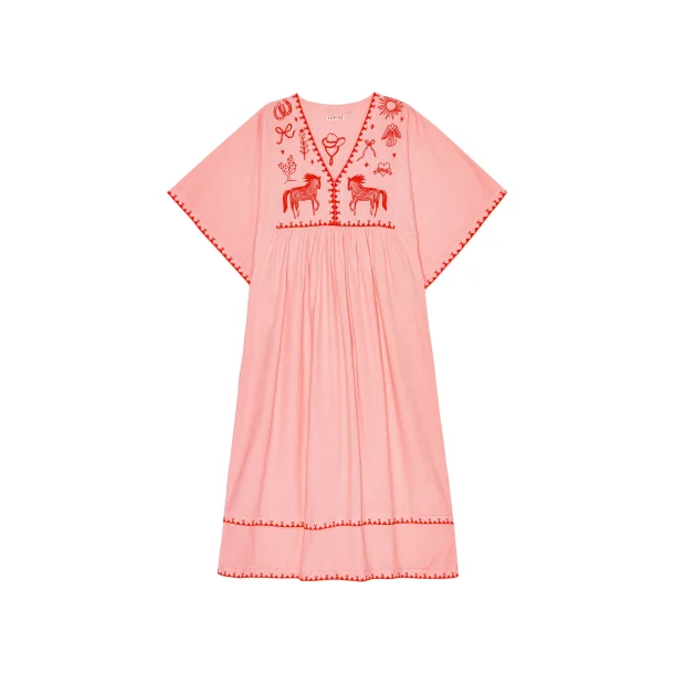 Polly embroidery kjole 3/4 rme, Flamingo